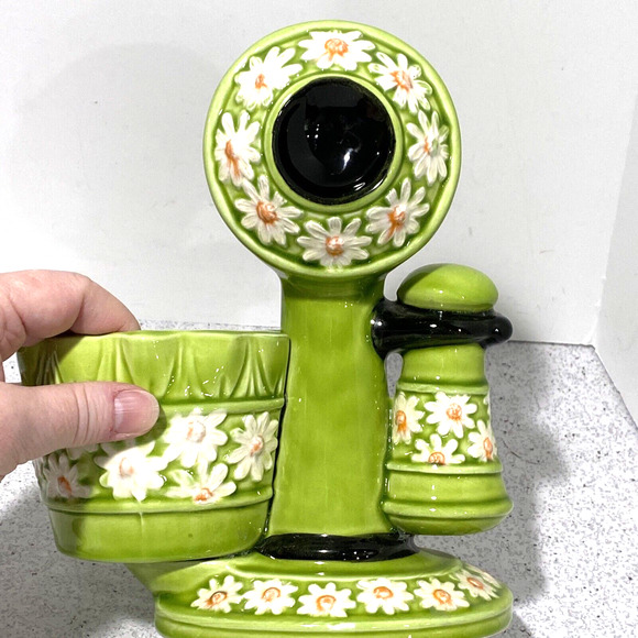Vintage 1970 ceramic flower pot planter vase green white daisy candlestick phone - Picture 9 of 10